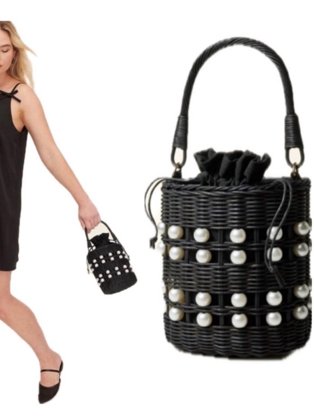 Kate Spade x Target Pearl Embellished Wicker Bucket Bag – Black
